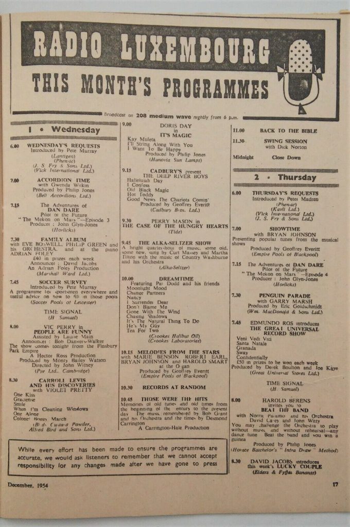 Radio Luxembourg’s 208 and View magazine for December 1954 - Listings Page