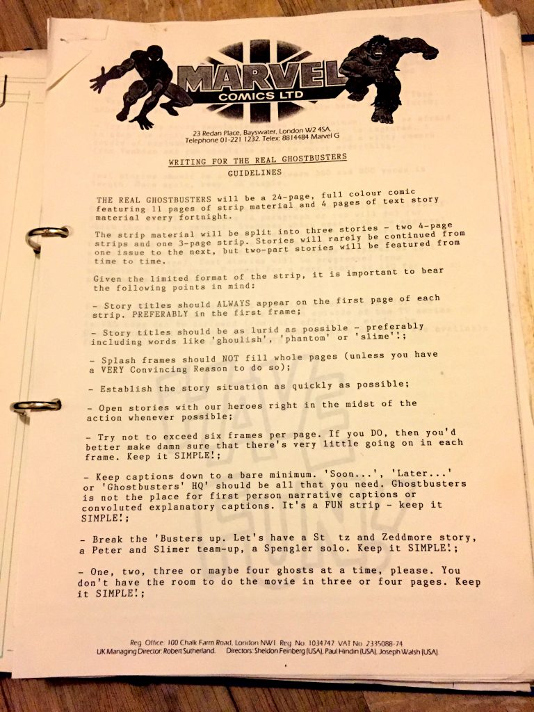 Richard Starkings notes to creators for Marvel UK's The Real Ghostbusters comic