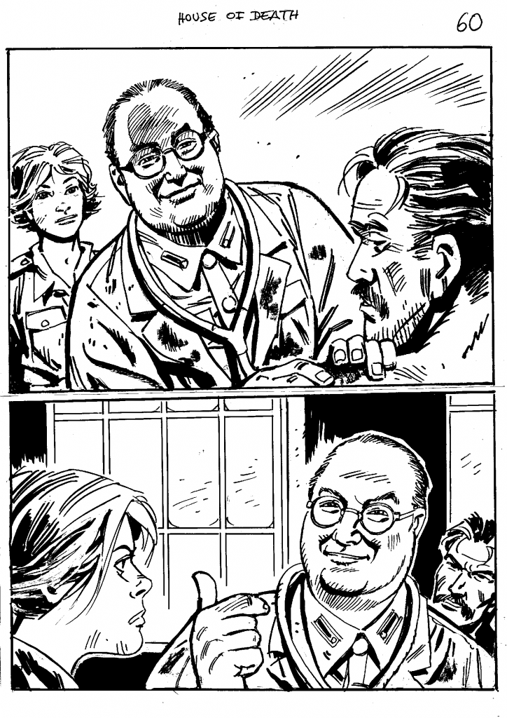 Colin Noble’s “guest appearance” as a doctor, in the Commando story, “House of Death” (Issue 5269). Art by Carlos Pino. His brother Pete featured too. Art © DC Thomson