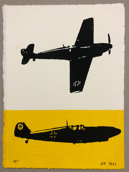 The Messerschmitt 109. Silhouetted on white and yellow. AP (26x19cms)