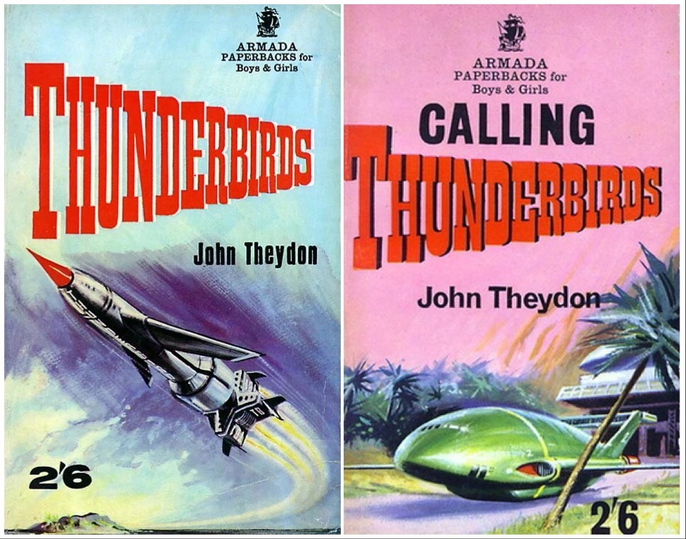Covers of the original Thunderbirds novels released in the 1960s, published by Armada, featuring internal illustrations by Peter Archer