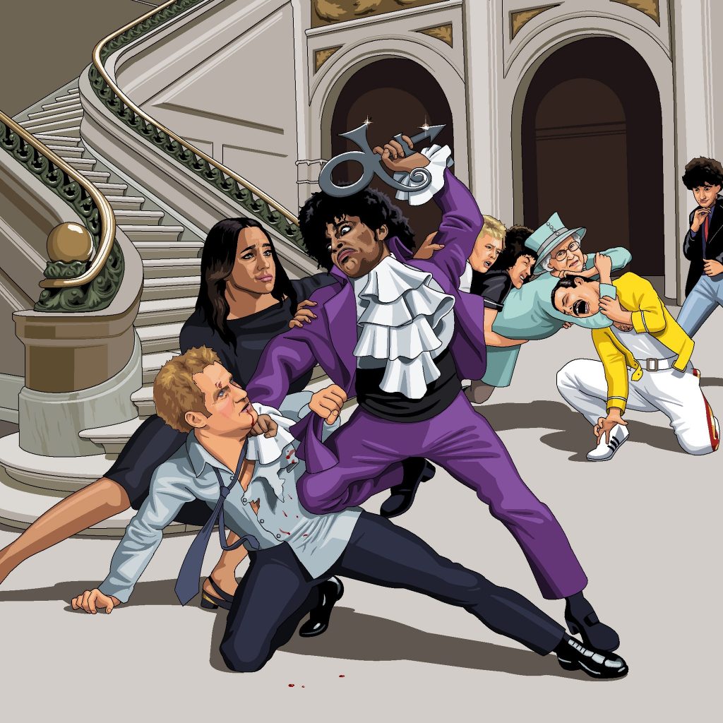 The Artist Formerly Known As Prince having a fight with Prince Harry over who is least known as Prince now. In the background we can see the The Queen, and Queen (the band) also fighting over a similar thing. Requested by Lee Wheeler