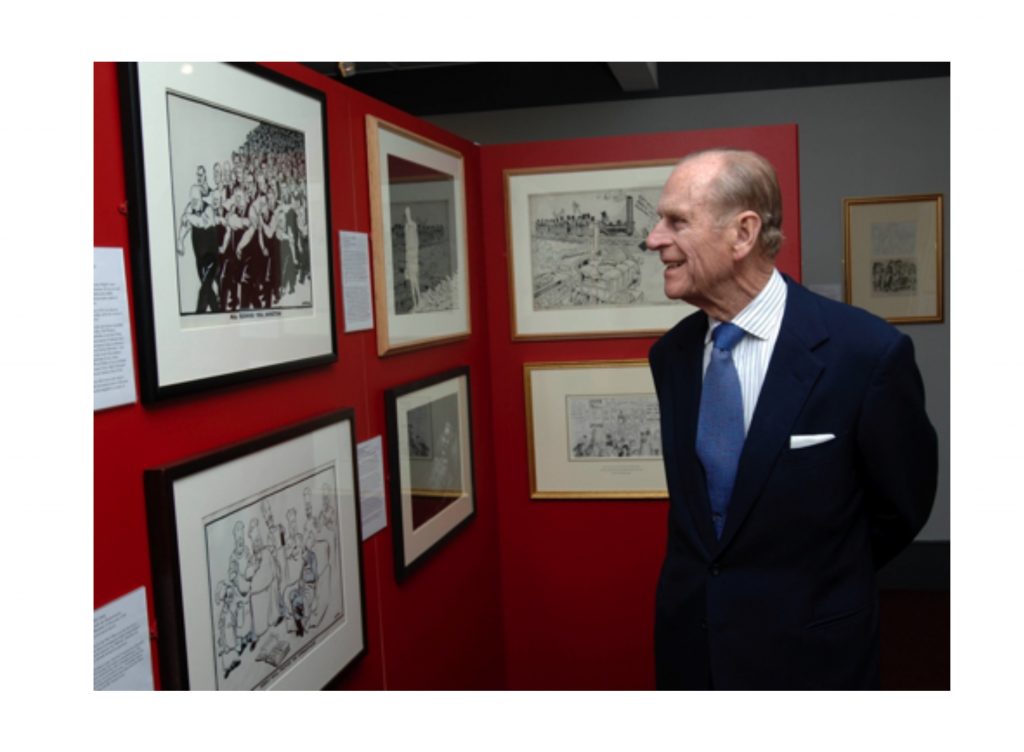 Prince Philip, the Duke of Edinburgh, at the opening of the Giles exhibition at the Cartoon Museum in 1994. Image courtesy The Cartoon Museum