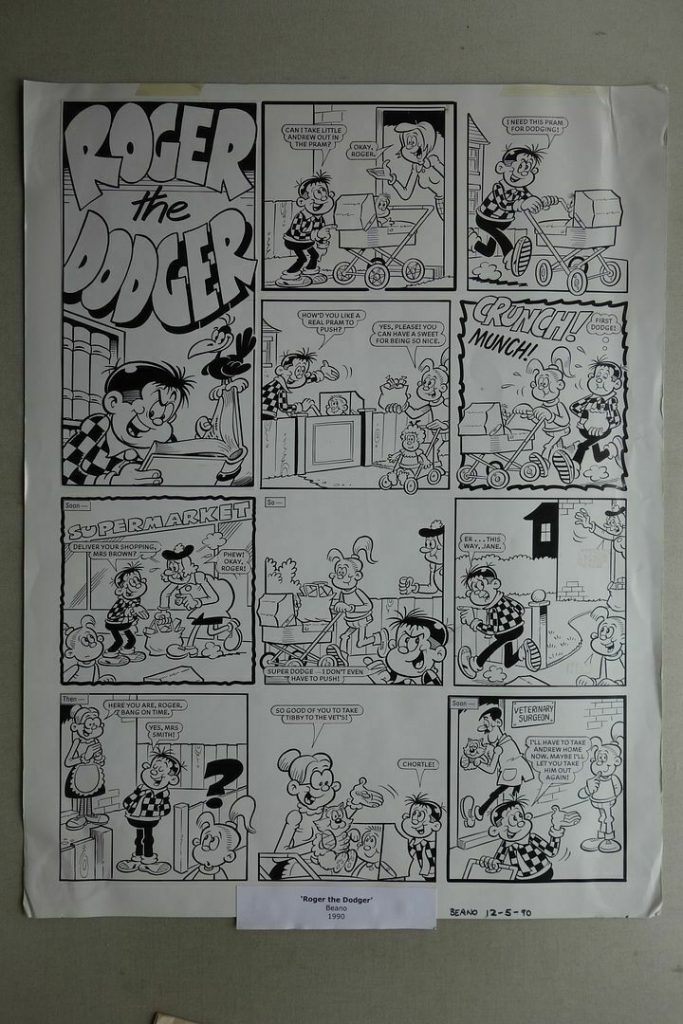 A single page of “Roger the Dodger” artwork drawn by Bruce Glennard (not Robert Nixon as indicated in the lot information), the opening page of a one and a half page strip that appeared in Beano 2495, cover dated 12th May 1990. The art measures 59 x 45 cm (approx 23 x 18 inches). Two speech bubbles ("Thanks, Roger!" and "Okay!") are missing from the seventh panel on the right 