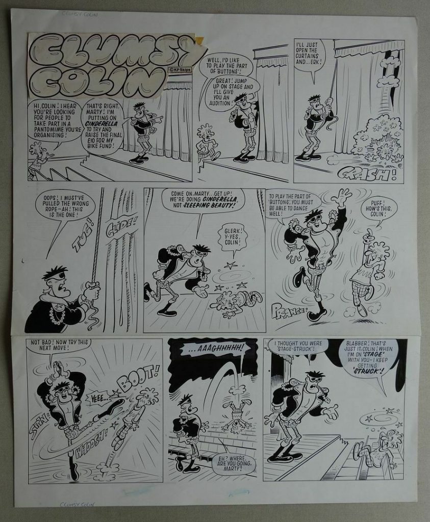 An original full page, full story artwork for "Clumsy Colin" strip, drawn by Robert Nixon and published in Buster sometime in the 1980s