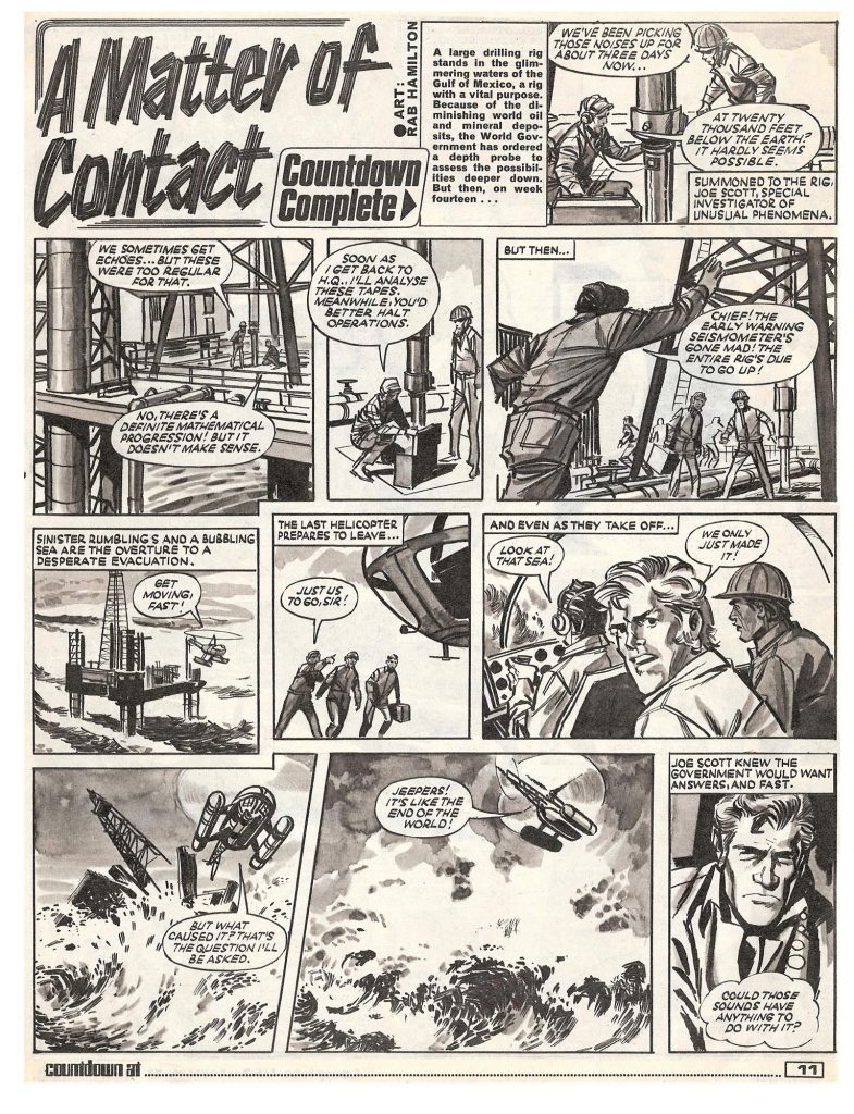 The opening page of the one-off strip "A Matter of Contact" from Countdown No. 37, cover dated 10th October 1971. Art by Rab Hamilton