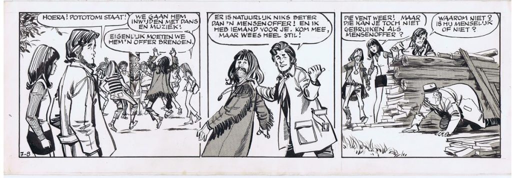 An early episode of the eighth untitled "Aafje Anders" story, written by Andries Brandt with art are by Robert Hamilton & Richard Klokkers, published in the Dutch newspaper De Telefgraaf. Via  Bobbedoes