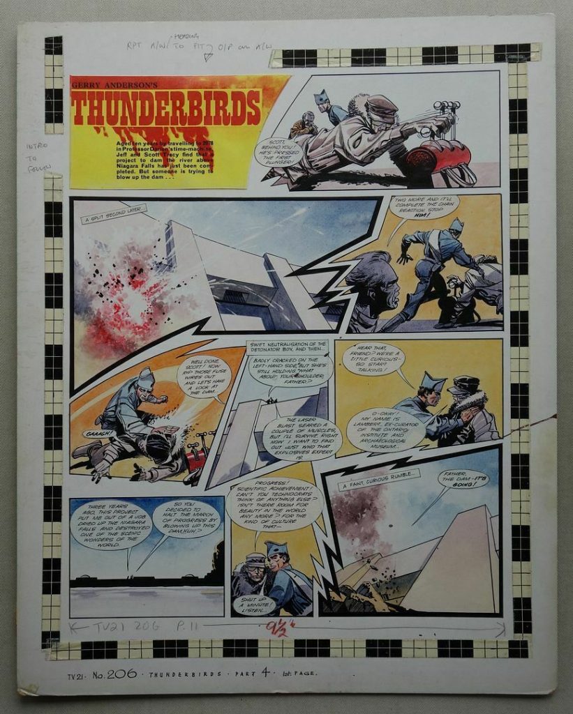 A single page of original “Thunderbirds” artwork, drawn and painted by Frank Bellamy, for TV21 206, cover dated 28th December 1968, the first page of the strip in this edition, but Part 4 in the overall time travel story. The art board measures 47 x 37.5 (18.5 x 14.75 inches)