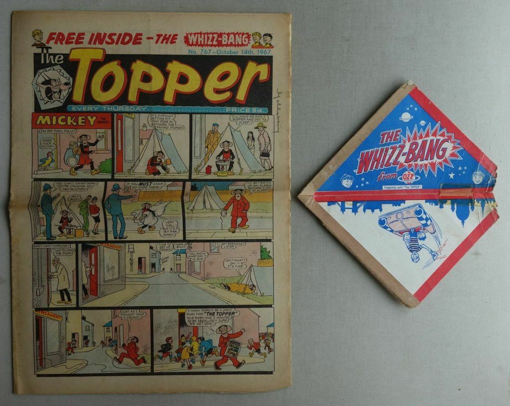 Topper No. 767, cover dated 14th October 1967, with free “Whizz Bang” gift – clearly much used!