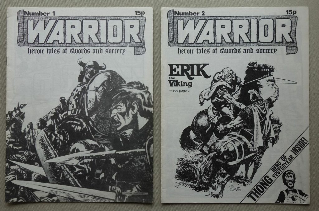 The first two issues of Dez Skinn’s Warrior comic fanzine, published in 1974, long before he published his Warrior comic anthology, offering a variety of strips in black and white including reprints of “Heros the Spartan” and “Wrath of the Gods”. This item comes from the personal collection of the late comic artist, Jim Baikie, who sadly passed away in December 2017