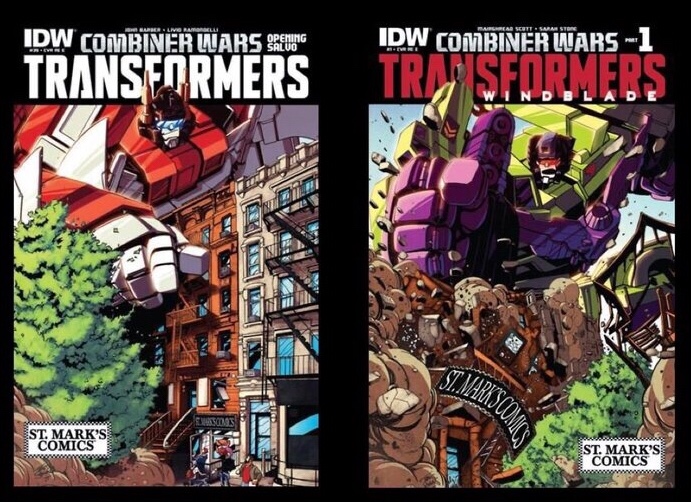 The covers of Transformers #39- Combiner Wars and Transformers: Windblade (Vol. 2) #1 feature our St. Mark’s Comics East Village storefront! This complete set of both Transformers St. Mark’s Comics Retailer Exclusive Variants is available from the company’s online store
