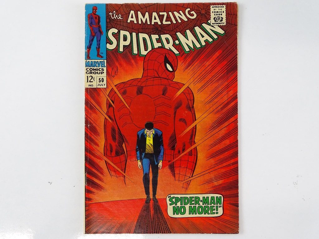 Amazing Spider-Man #50 (1971 - Marvel) features the first appearance of the Kingpin, one of Spider-Man's and Marvel's most iconic, ruthless, and enduring foes and Spider-Man's origin retold. It also features Johnny Carson and Ed McMahon appearances. John Romita Sr. created this iconic cover and interior art