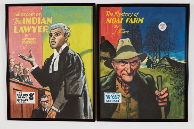 Sexton Blake/The Mystery of Moat Farm (1946) and the Secret of the Indian Lawyer (1953). Two original cover artworks by Eric Parker for Sexton Blake Library Nos 125 and 290, both also included. Poster colour on board, 16 x 13 ins each