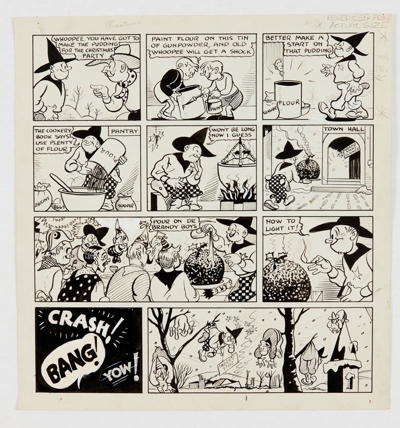 Whoopee Hank Xmas artwork (1938) by Roland Davies from The Beano No 21 Xmas issue. Our Slapdash Sheriff blows up the Christmas pud!. Indian ink highlighted with white on cartridge paper. 12 x 12 ins
