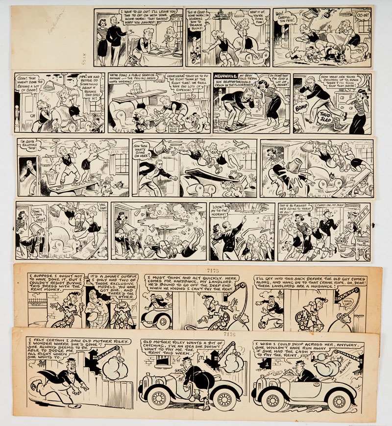 Roy Wilson original 4 strip artwork for Tip Top No 640 (1952). With Old Mother Riley original 2 strip artwork by Norman Ward for Film Fun (1941). Total 6 strips. From the Bob Monkhouse Archive