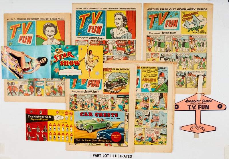 T.V. Fun (1953-56) 1, 2 wfg Star Show Album and photos, 39 wfg Acrobatic Glider, 157-159, 166 wfgs Spotters Book of Car Crests with most car crests attached