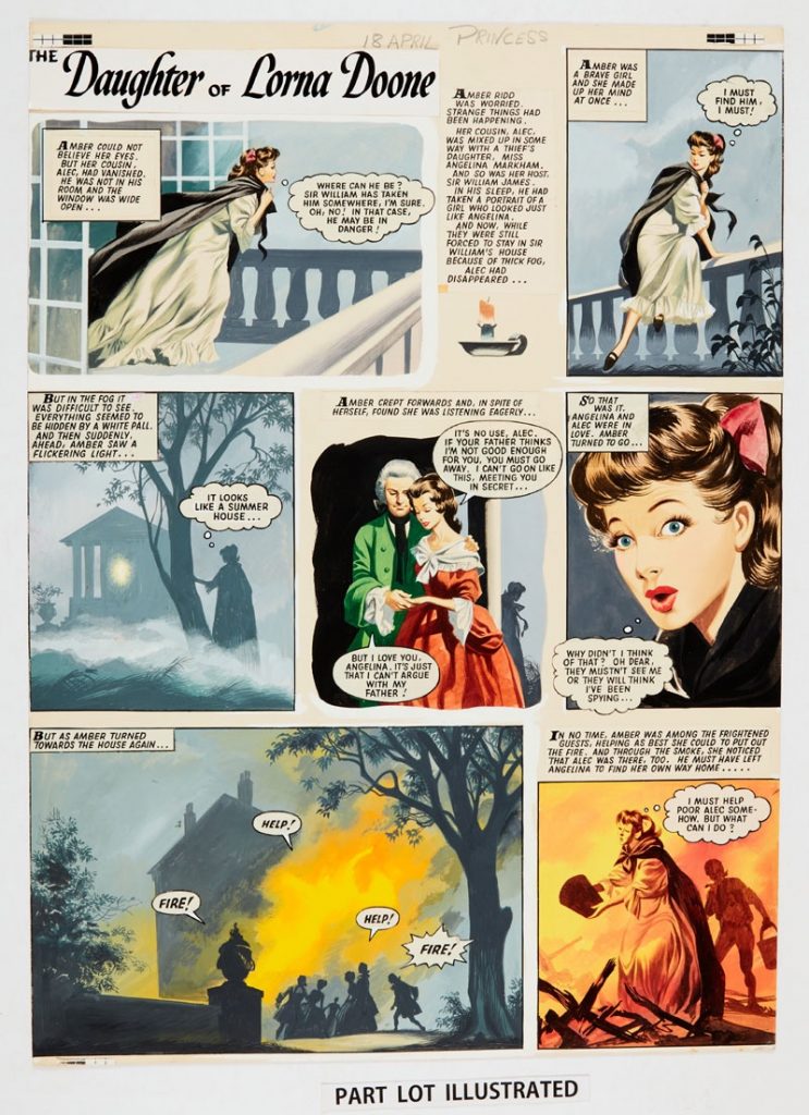 The Daughter of Lorna Doone: two consecutive original colour artworks by Ron Embleton (early Sixties) for Princess magazine. Angelina and Sir William's secret is discovered as the house catches fire. Bright poster colours on board. 23 x 17 (2 artworks)