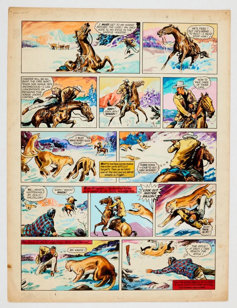 Gun Law original colour artwork (1961) by Paddy Nevin for T.V. Express No 224 (1961). Marshall Matt Dillon and Chester fight off the mountain lions. Poster colour on board. 21 x 16 ins