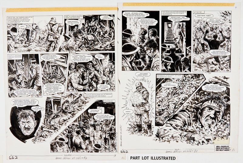 Charley's War: four original artworks by Joe Colquhoun, signed to Page 4 , as published in Battle Action 266 (1979). October, 1916. "Operation Wotan" had reached its climax with the Judgement Troopers occupying 'Downing Street' in the third British line. Below, in a deep ex-German dugout known as 'Ten Downing Street', Charlie Bourne and his comrades were trapped!. Indian ink on cartridge paper. 17 x 15 ins each (4)