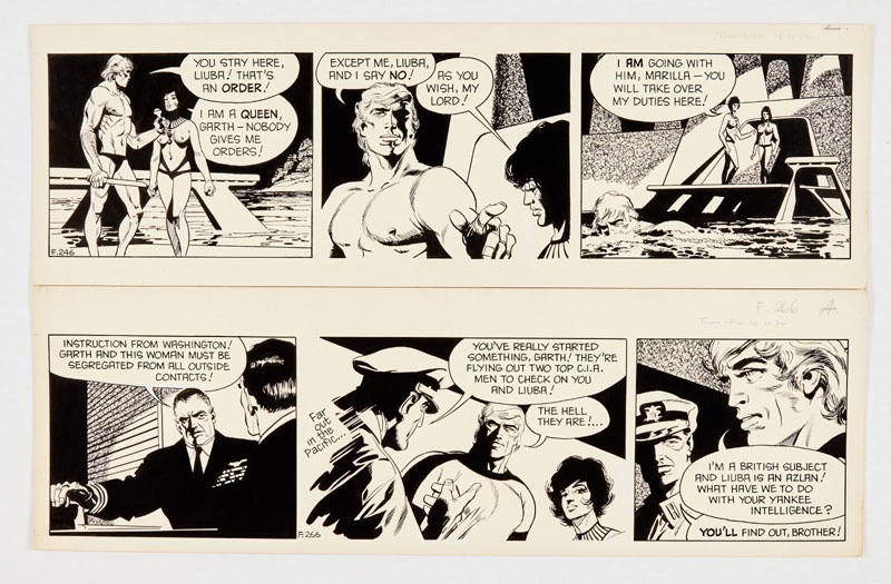 Garth: 'The People of the Abyss' two original artworks (1972) by Frank Bellamy for the Daily Mirror 18.10.72 and 10.11.72. Indian ink on board. 21 x 17 ins (x2)