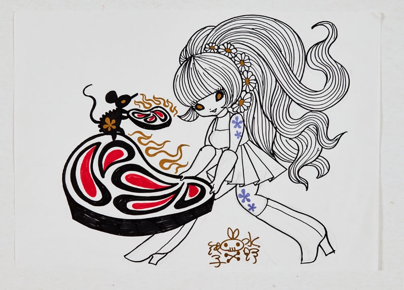 Junko Mizuno signed original artwork sketch Psychedelic Girl, cute mouse and sizzling steaks (2014). Coloured marker pens on paper. 16 x 12 ins