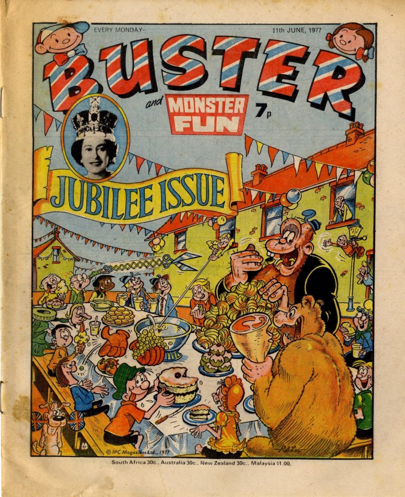 Rob Lee’s cover for the Silver Jubilee issue of Buster, cover dated 11th June 1987, via Great News For Readers. Copyright Rebellion Publishing Ltd.