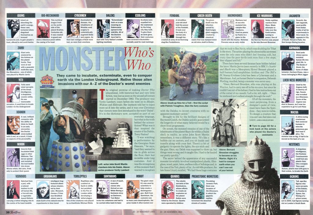 The final spread for the Radio Times 20 - 26 November 1993 “Doctor Who A- Z of Monsters” feature, illustrated by Rian Hughes 