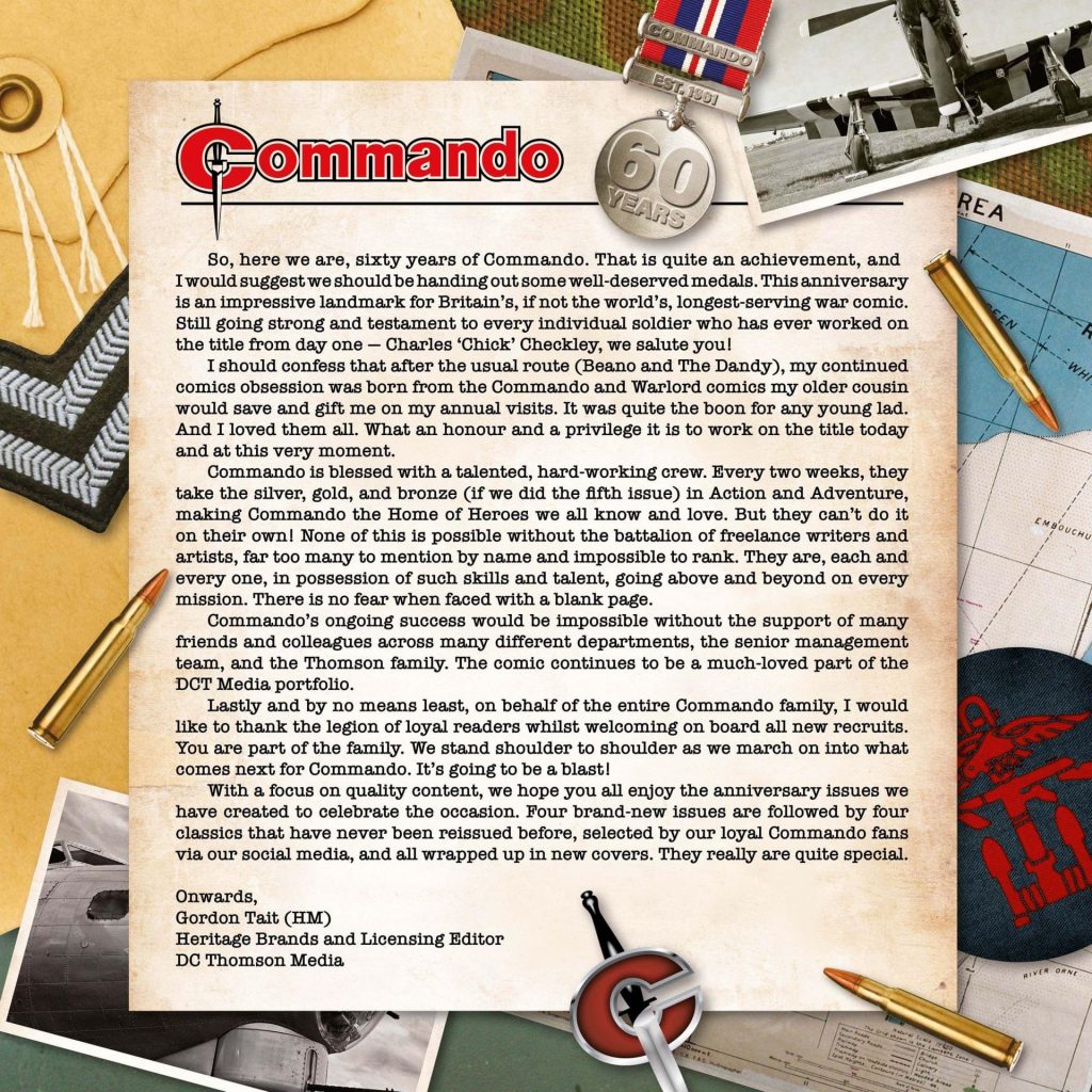 Current Commando editor Gordon Tait’s anniversary message to the troops. Sorry, readers!