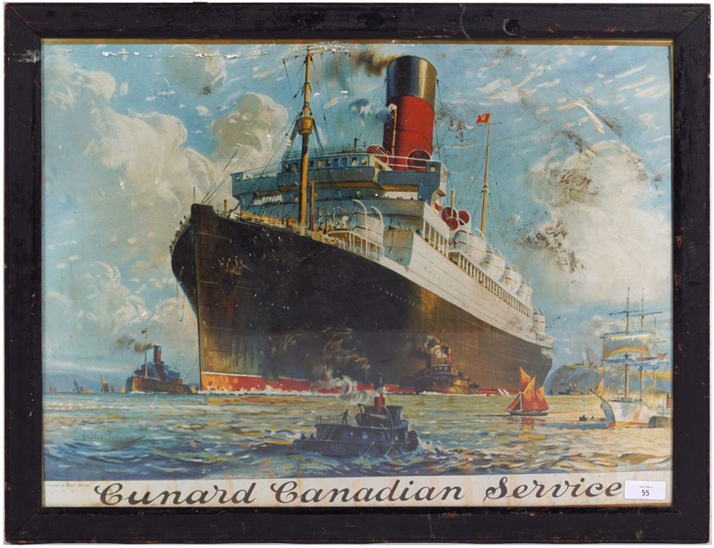 Cunard Canadian Service poster. Printed in Great Britain, Lithographic Walter Thomas Cruise Line Travel (1894-1971) poster laid on cardboard circa 1920