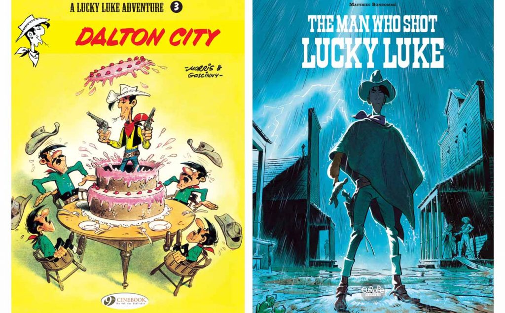 Side by side: Lucky Luke - Dalton City, published by Cinebook and The Man Who Shot Lucky Luke, published by Europe Comics