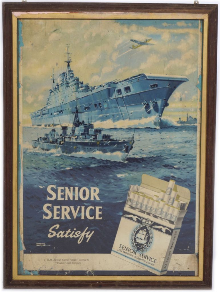 "Senior Service Satisfy" poster, featuring the H.M.S. Eagle aircraft Carrier escorted by "weapon" class destroyer