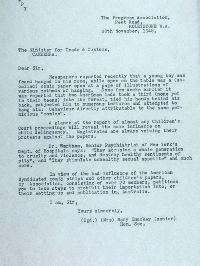 This 1948 letter to an Australian politician about a boy's suicide similar to the comic found underneath him is some of the new information in HORROR: the first time America's paranoia infected the world by Phil Hore