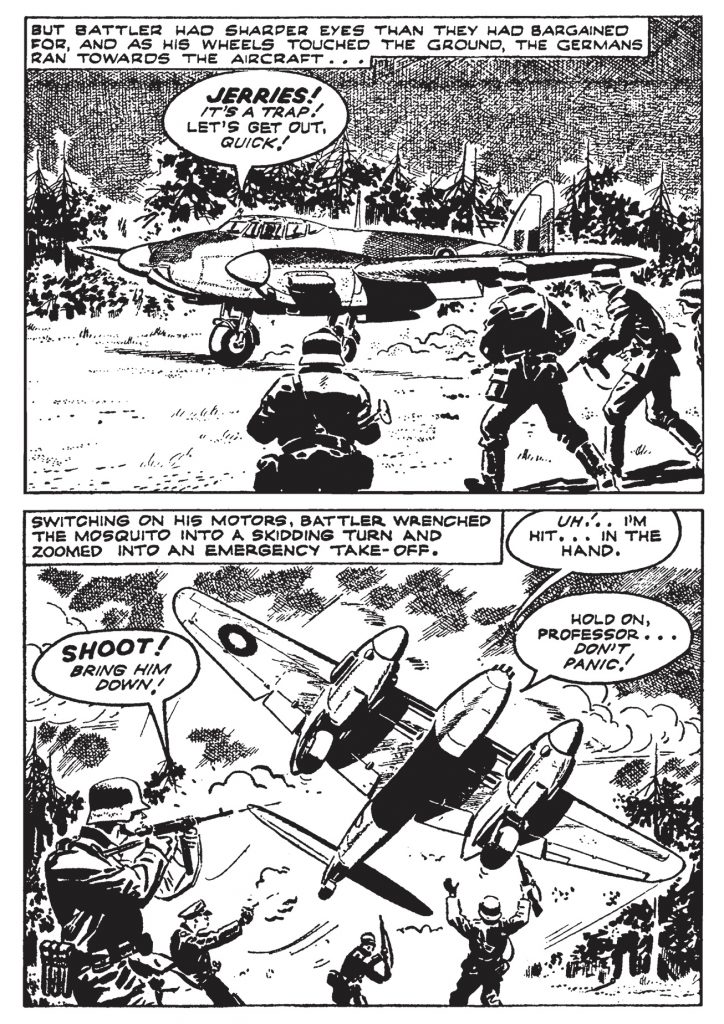 A page from the Battler Britton story, “Rockets of Revenge”, art by Hugo Pratt