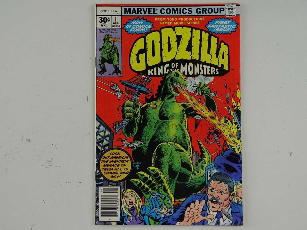 GODZILLA #1 - (1977 - MARVEL) - First US comic book appearance for Toho's famous monster - Nick Fury, Jimmy Woo, Dum-Dum Dugan appearances - Herb Trimpe cover and interior art 