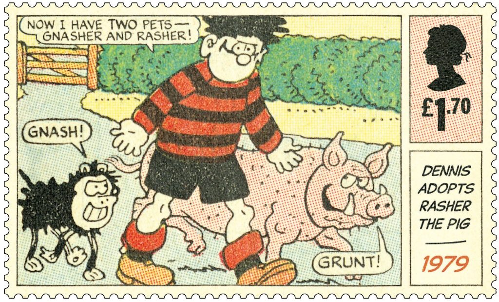 Dennis at 70 Royal Mail Stamps - 1979 - Dennis adopts Rasher the pig