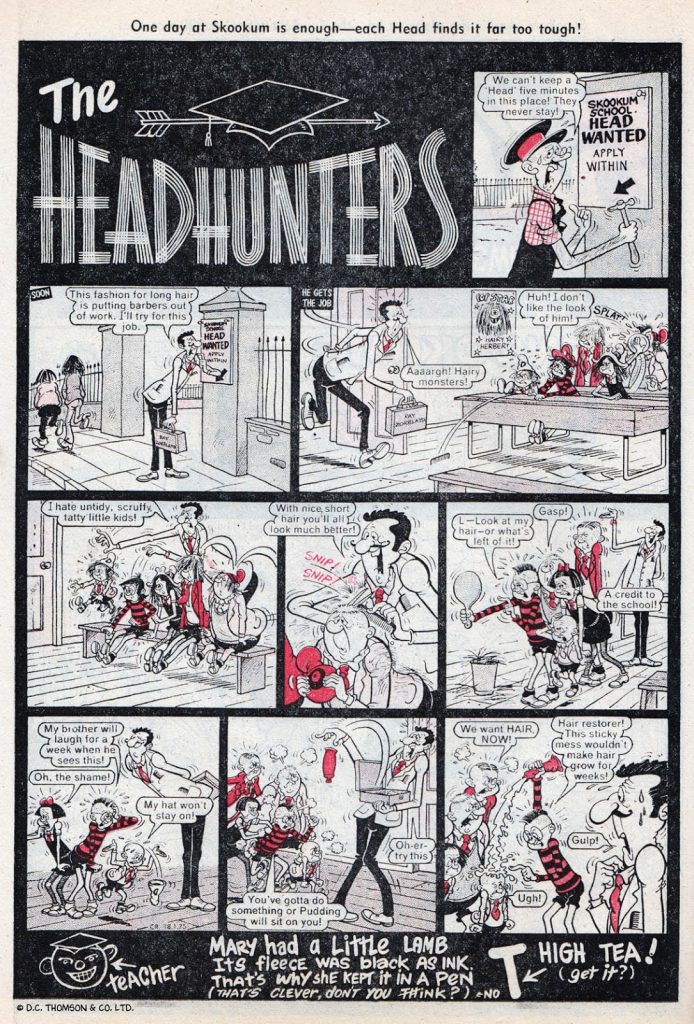 “The Headhunters”, a continuation of “Skookum Skool” from the by then defunct Buzz, from Cracker No. 1, cover dated 18th January 1975. With thanks to Lew Stringer