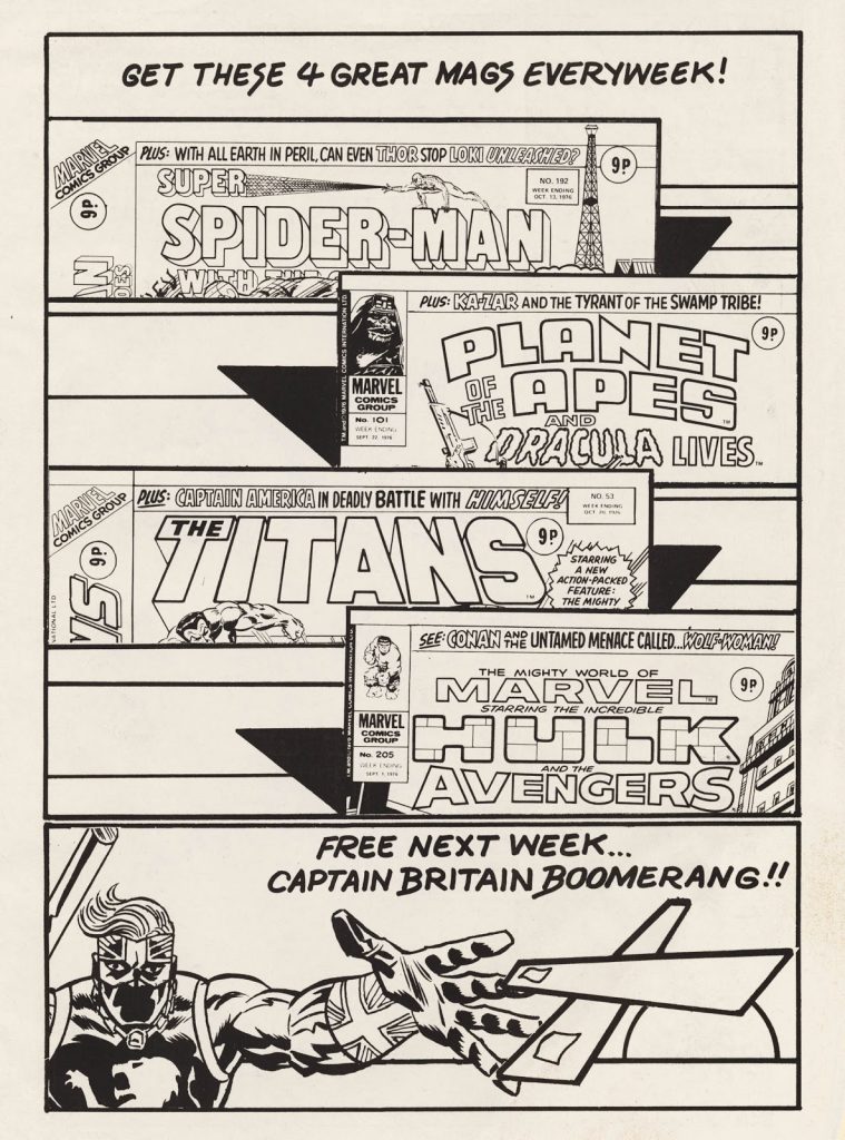 Marvel UK’s line-up of weekly titles in 1976, as advertised in Captain Britain #1