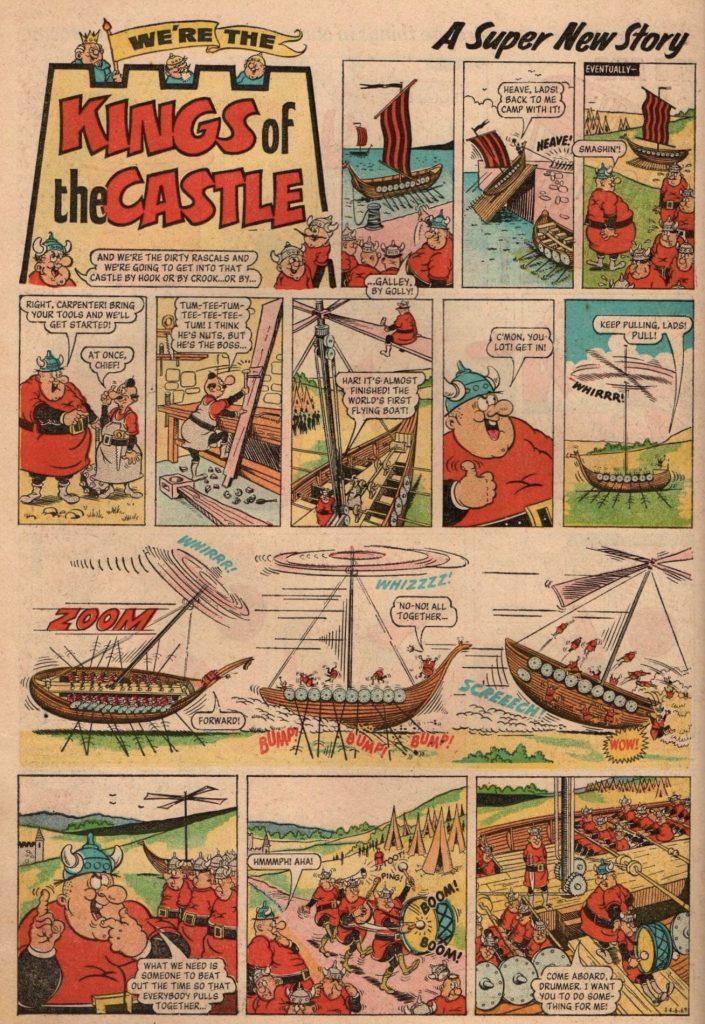 The opening page of the first “Kings of the Castle” story from Sparky No. 230, cover dated 14th June 1969, "Kings of the Castle", drawn by Ken Harrison,  replaced "Wyatt Twerp" in the centre, full colour pages. This first series lasted 31 issues to No 260. It would return in 1970. With thanks to Alan Smith