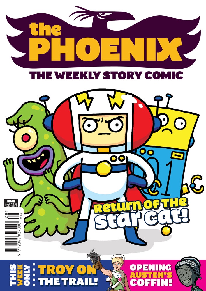 Star Cat, who still appears in The Phoenix, on the cover of Issue 28, released in 2012, available as a back issue