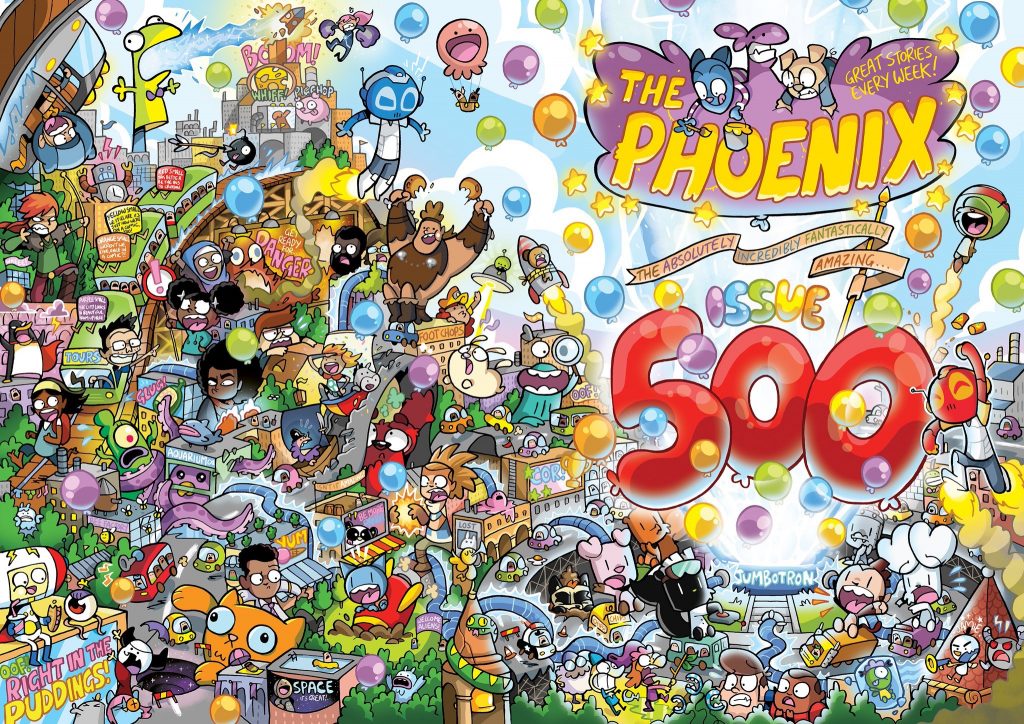 The fantastic wraparound cover to The Phoenix Issue 500, by Jamie Smart
