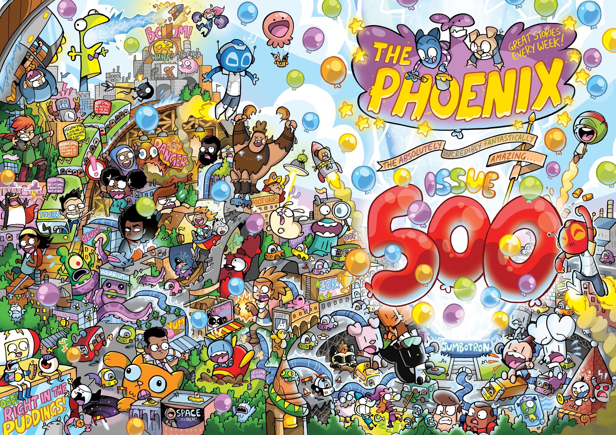 The fantastic wraparound cover to The Phoenix Issue 500, by Jamie Smart
