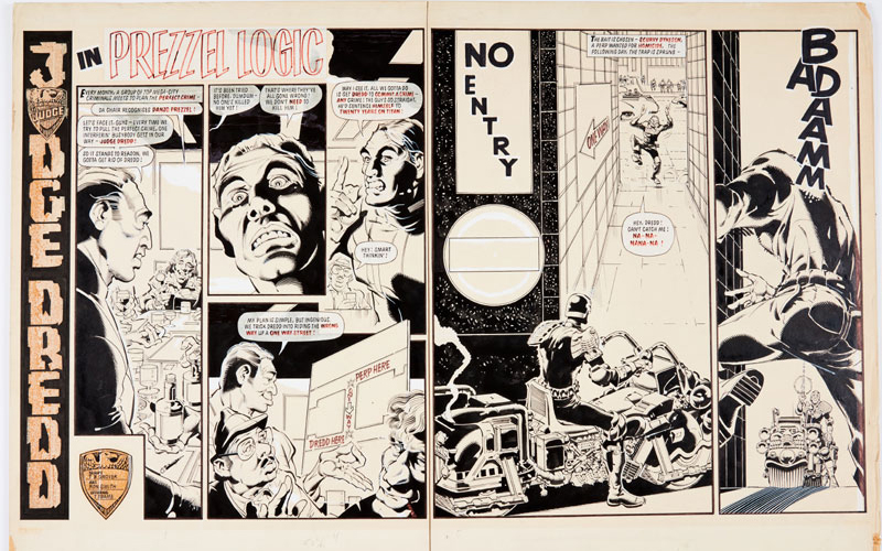 2000AD Prog 304 (1983) original artwork by Ron Smith pgs 16-17 double page spread. The Mega-City Criminals, led by Danzo Prezzel, set a trap for Judge Dredd. Indian ink on board. 32 x 22 ins