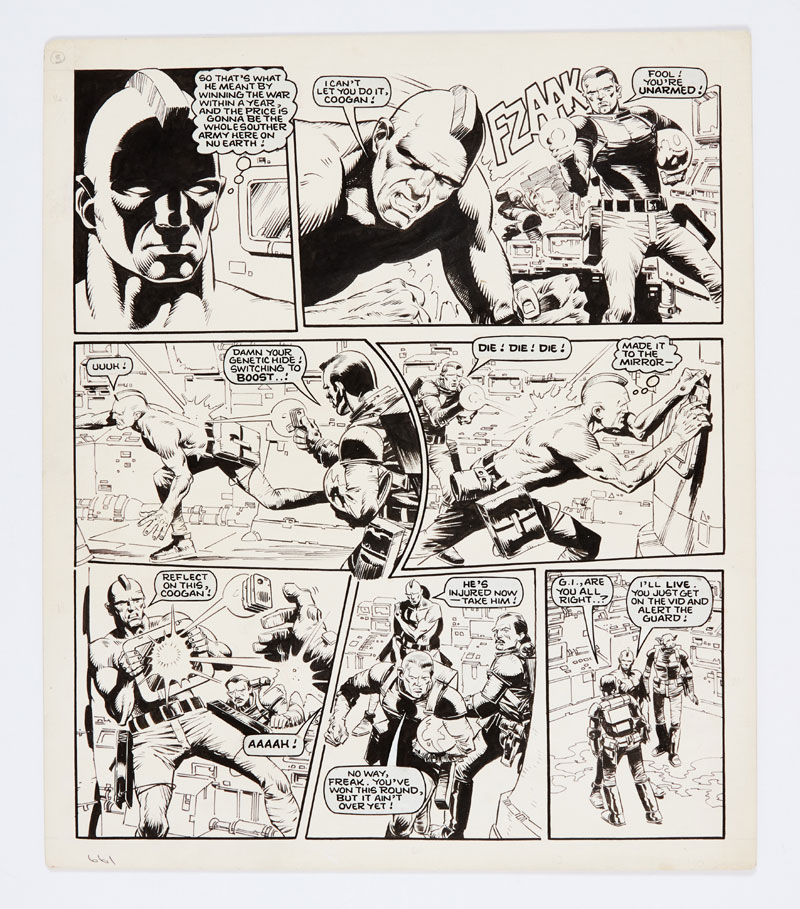 Rogue Trooper original artwork (1984) by Cam Kennedy for 2000 AD prog 376 pg 29. Indian ink on board. 16 x 14 ins