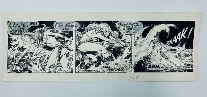 An original Axa comic strip by Romero from 1979. Indian ink on pencil, on cardboard paper, with notes indicating it was intended for use in The Sun on 29th May 1979