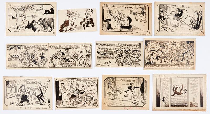 Chips, Comic Cuts, Puck, Jingles and Jester (1920s-50s) original artwork panels (most) by Bertie Brown including Homeless Hector (his cat!), Weary Willie and Tired Tim, Willie and Wally, Dan Druff the Barber and Ray Ling the Fence! Indian ink on card. Most panels 5x7 ins (a few are smaller)
