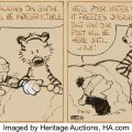 Bill Watterson Calvin and Hobbes Daily Comic Strip Original Art dated 12-30-87 (Universal Press Syndicate, 1987). Original art from this series is about as rare as a talking tiger, or a good Snow Fort! In Heritage Auctions' entire history, we have only sold nine dailies from this series. The comic strip series was only two years old when this specific daily was released, and it was already a fan-favorite of the funny pages! The strip had earned Watterson the Reuben Award from the National Cartoonists Society in 1986.