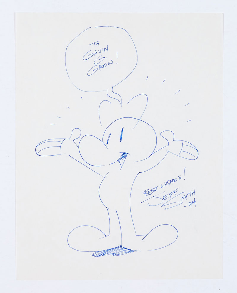 Bone original sketch drawn and signed by Jeff Smith (1994). Blue ink on paper, 11 x 9 ins