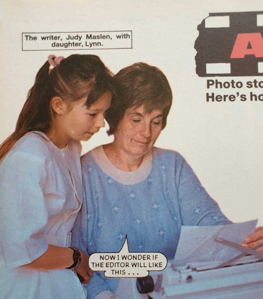 Judy Maslen and daughter Lynn make an appearance in a guide to how Bunty's photo stories are created, in the 1990 Bunty annual. Image © DC Thomson Media