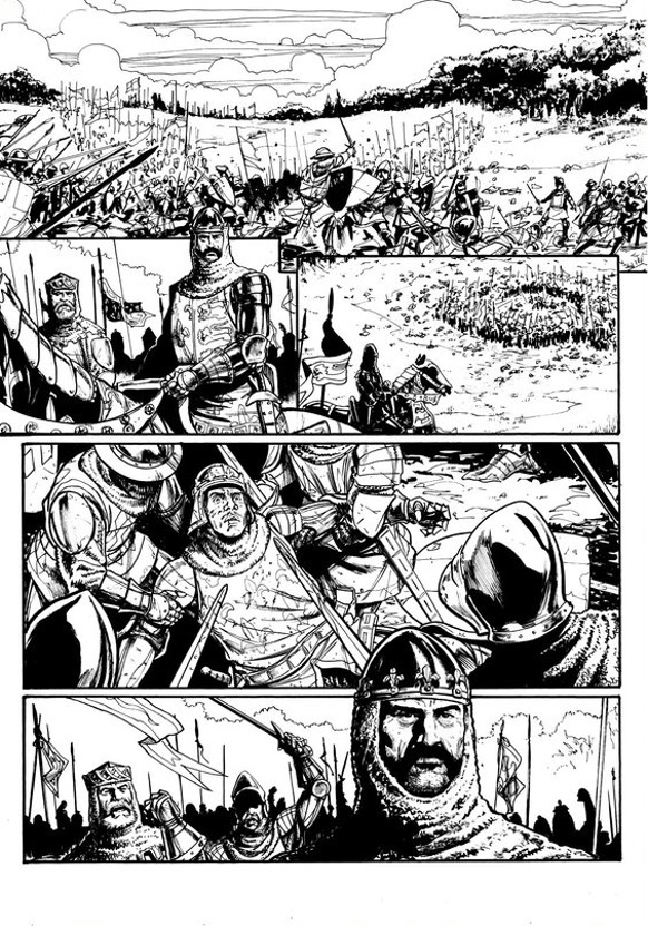 Art by Patrick Goddard from "The Laughter of King John" by Benjamin Dickson. The final strip will be full colour