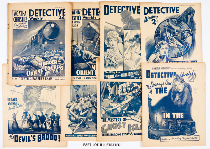 Detective Weekly (1935) 124-129: Agatha Christie’s Murder on The Orient Express complete in 6 episodes With Detective Weekly (1938) 254-306 complete year with 21 Sexton Blake stories, Night of Dread by John Creasey, The Black Dagger Crimes by Edwy Searles Brooks and The Devil's Brood with cover art by Reginald Heade